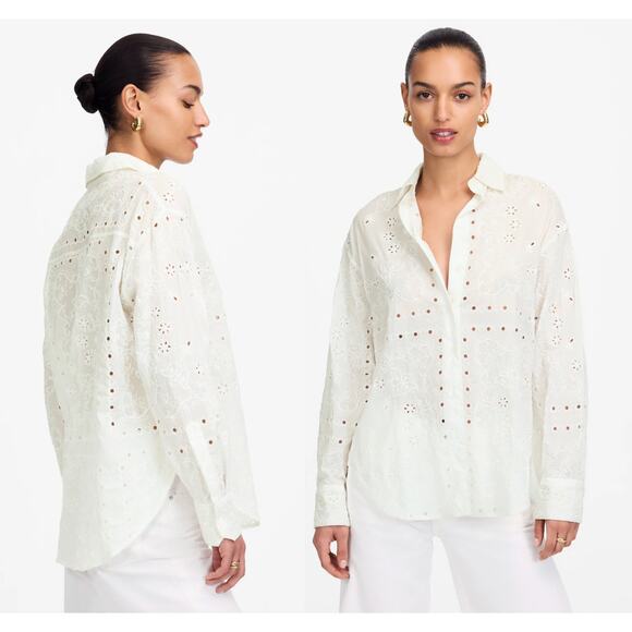 Madewell | NWT Embroidered Oversized Button-Up Shirt in White | Sz S - Picture 1 of 11
